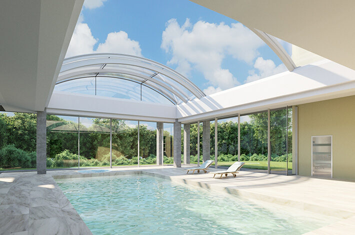Retractable pool enclosure featuring a sliding roof and Sky-Frame doors