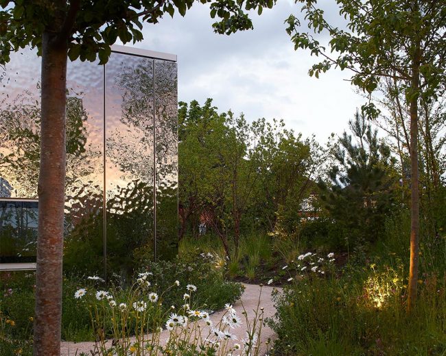Wildflower garden with a mirror-clad building in the background